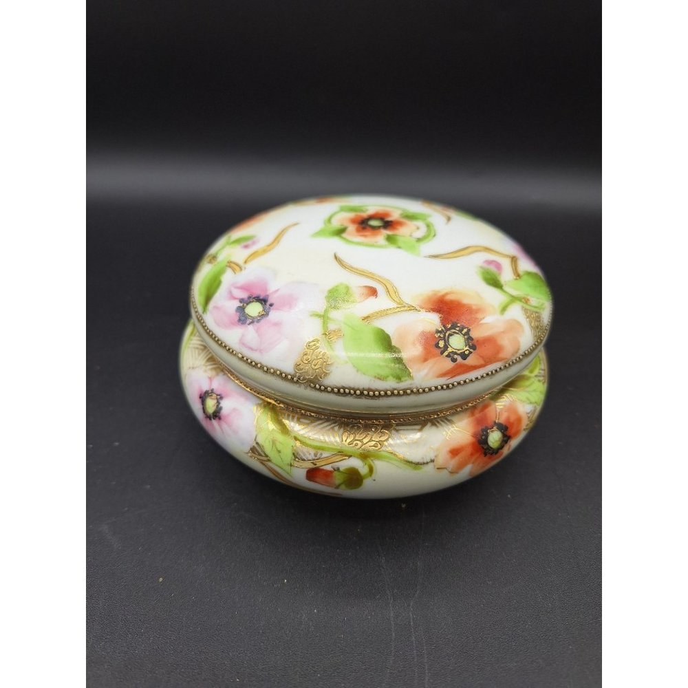 VINTAGE PORCELAIN NIPPON HAND PAINTED FLORAL LIDDED TRINKET DISH POWDER JAR